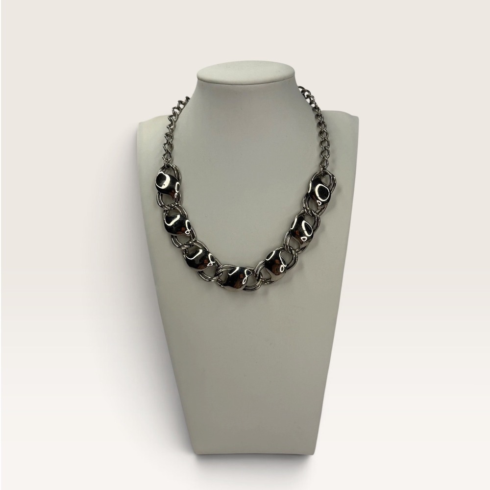 Silver Tone Chunky Link Pebble Station Collar Necklace Adjustable Y2K Boho Retro
